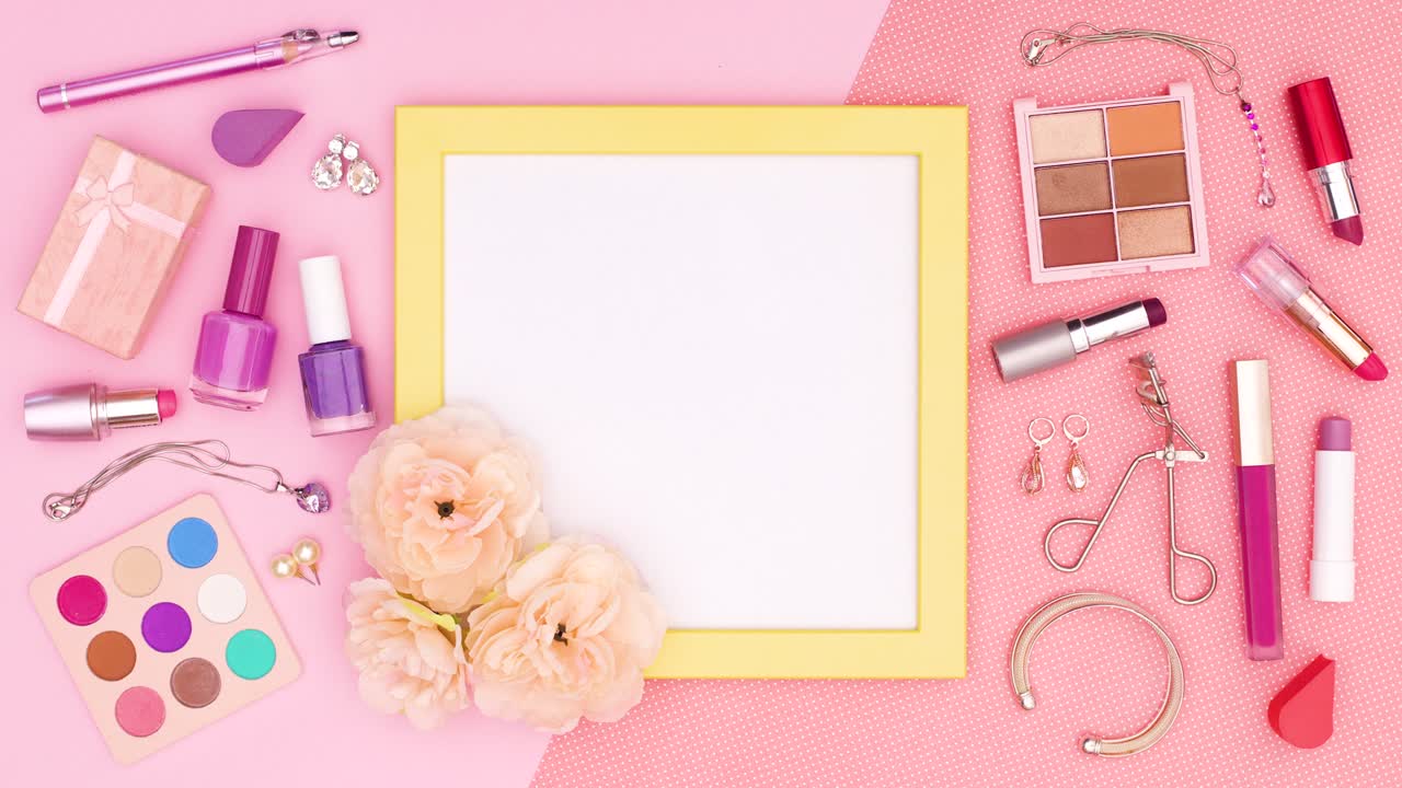 Make up products blink around yellow frame for text on pink theme. Stop motion
