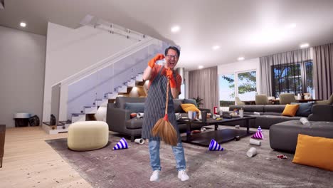 cuerpo lleno de ama de casa masculina asiática con un delantal cantando a la escoba de barrer y bailando mientras limpia el suelo en la casa