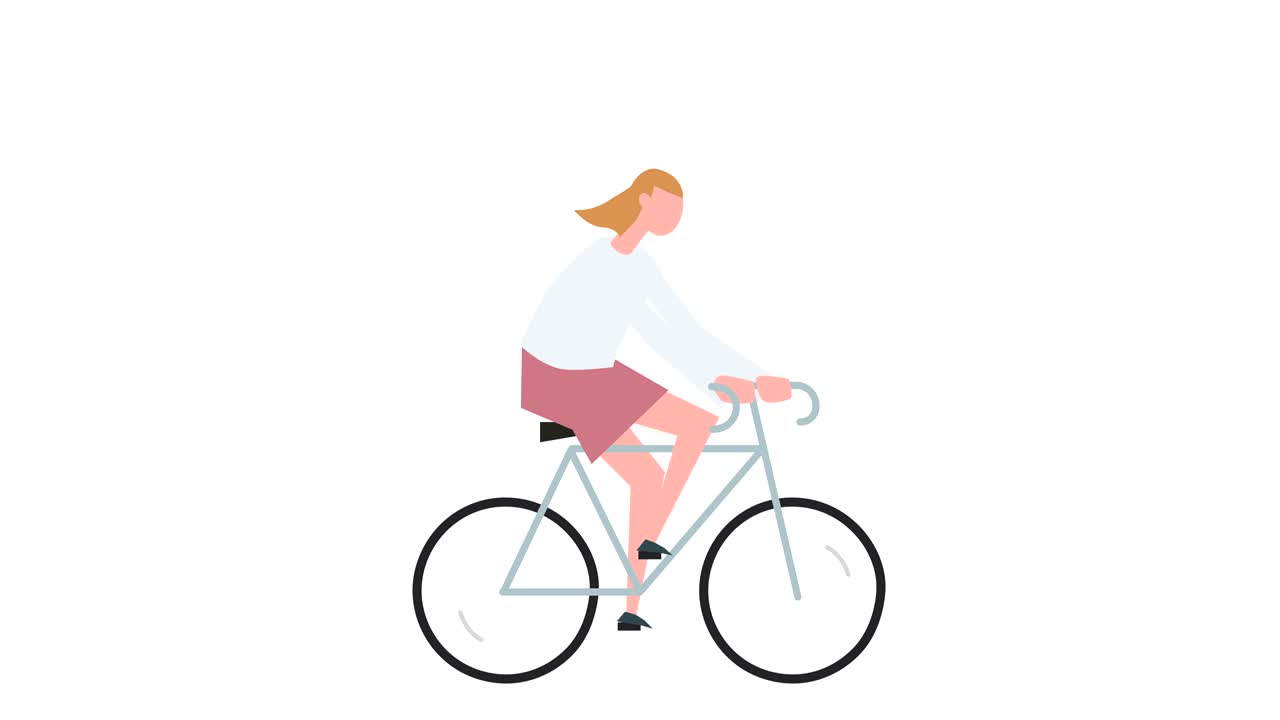 Flat cartoon colorful woman character animation. Girl ride bike fast cycling situation