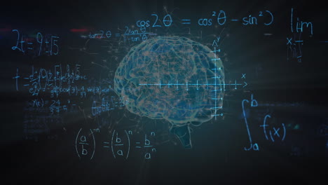 animation of mathematical equations over digital model of human brain on black background