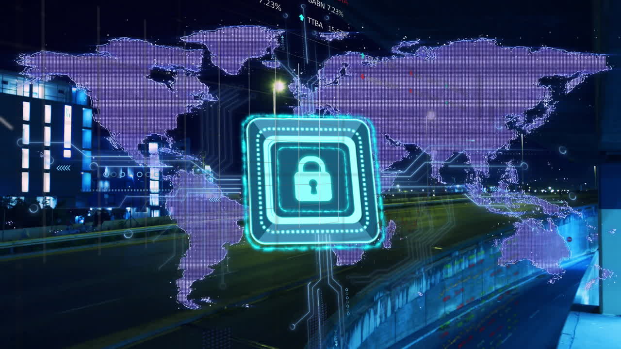 Animation of padlock icon with world map and financial data processing over cityscape
