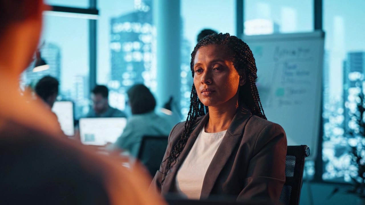 Focused Businesswoman Engaged in Important Discussion Amid Urban Corporate Environment with Colleagues in the Background during Evening Hours