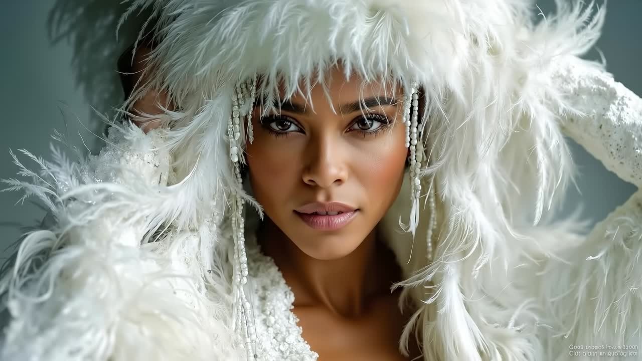 A woman wearing a white feathered jacket with pearls on her head