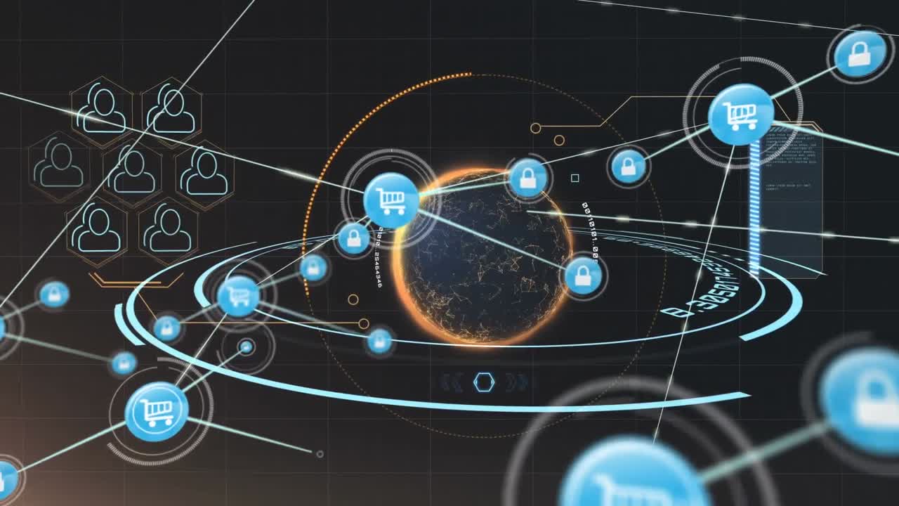 Network of digital icons against spinning globe and data processing on black background