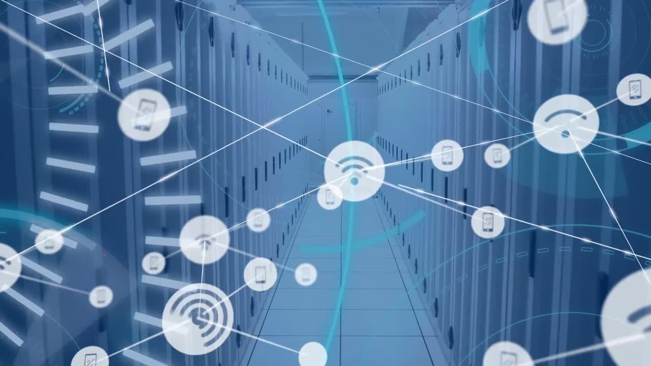 animación de redes de conexiones con iconos a través de servidores informáticos