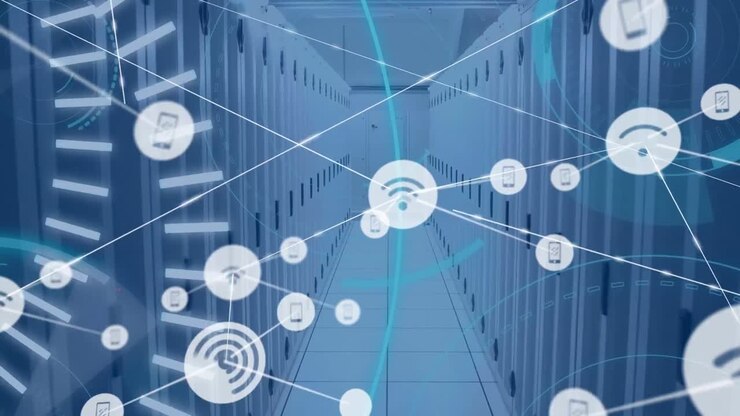 Animation of networks of connections with icons over computer servers