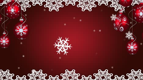 animación de las bolas rojas de navidad y la decoración blanca y la nieve cayendo sobre fondo rojo