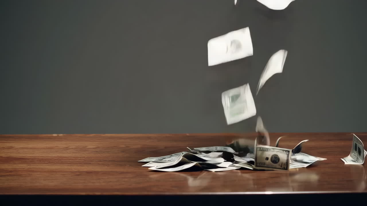 Falling Money on Wooden Table