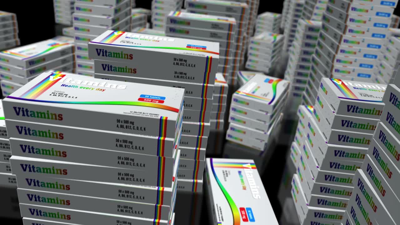 Vitamin pills in box packs loop animation