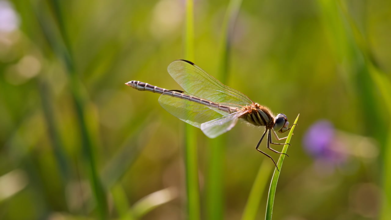 Close Up Dragonfly Perched On Grass, Delicate Translucent Wings Catching Warm Sunlight, Shallow Depth Of Field