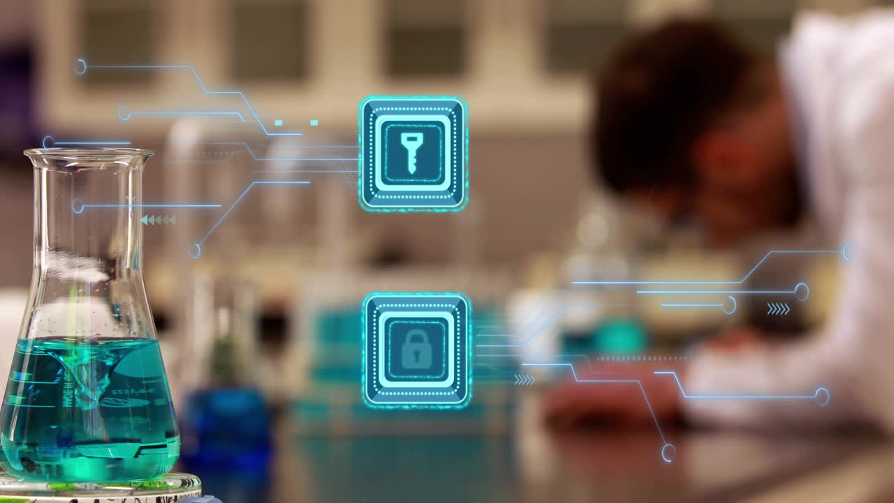 Male researcher leaning over bench securing lab data while cyan key-lock holograms overlaying flask