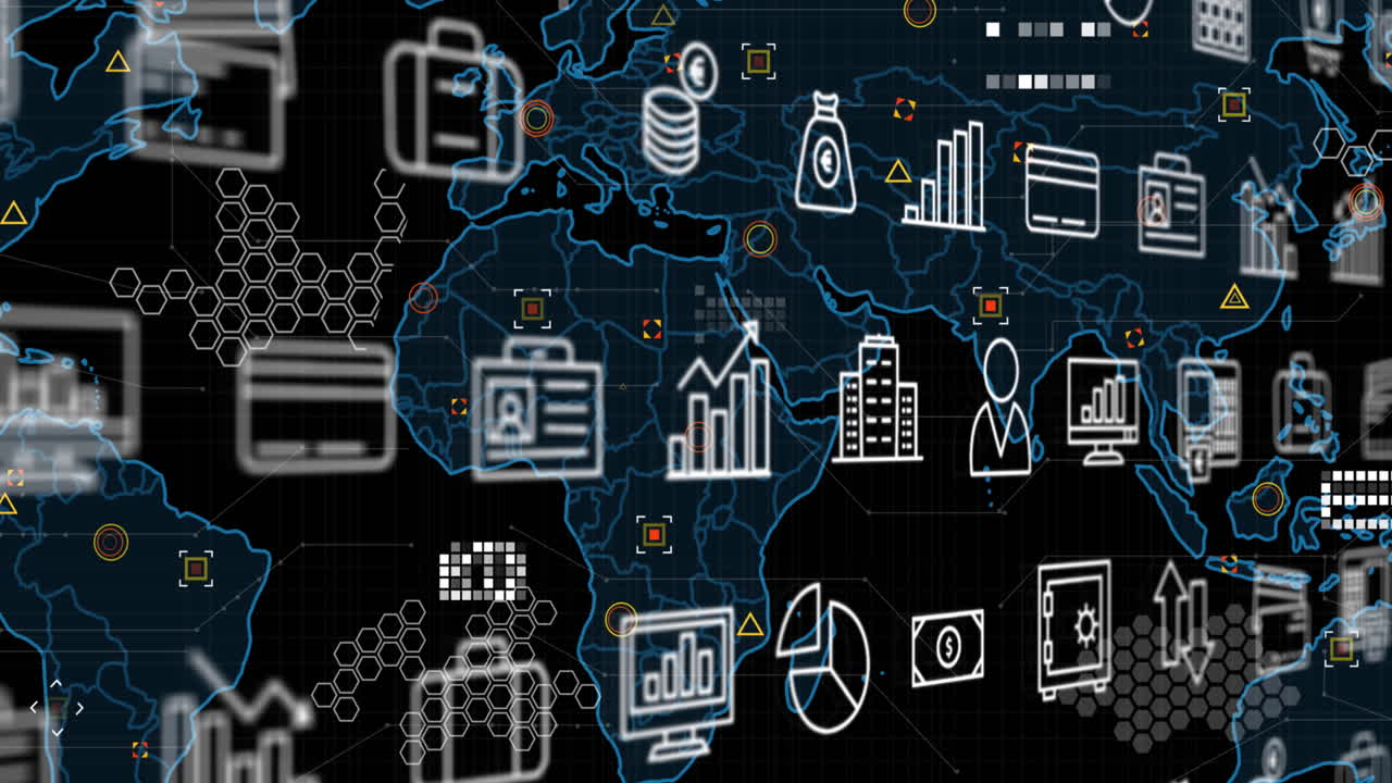 анимация бизнес-икон и карты мира на черном фоне.