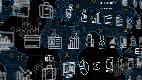 animation of business icons and world map on black background