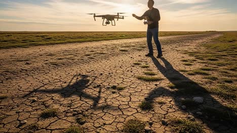 a technological exploration: capturing moments with a drone as the operator manages flight amidst a beautiful sunset over a grassy landscape