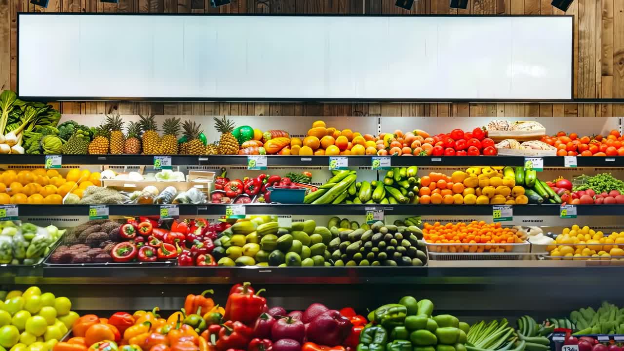 Wide-angle video shot of a vibrant supermarket produce aisle, showcasing colorful fruits