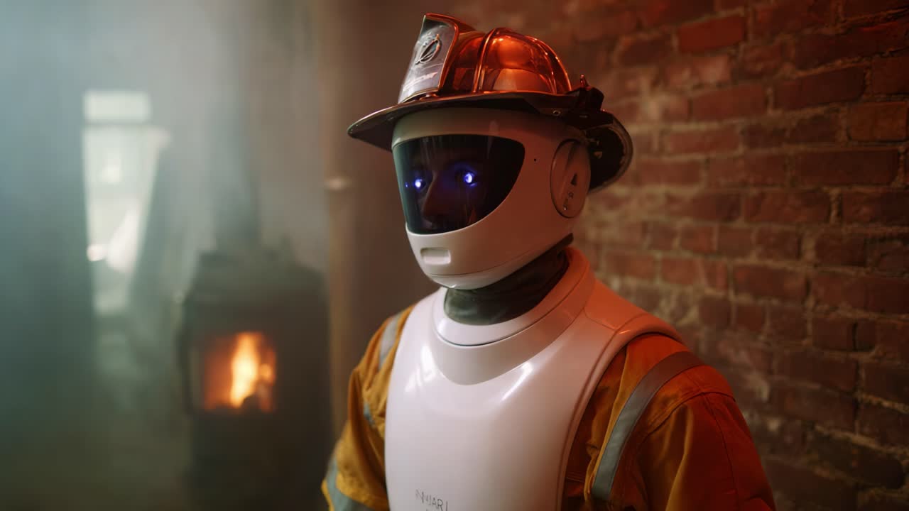 A futuristic robot wearing a fireman's helmet gazes forward, illuminated by glowing blue eyes, in a smoky environment, embodying technology and safety