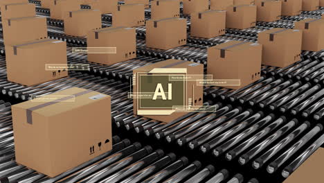 texto sobre cajas de cartón que se mueven en cintas transportadoras en el almacén