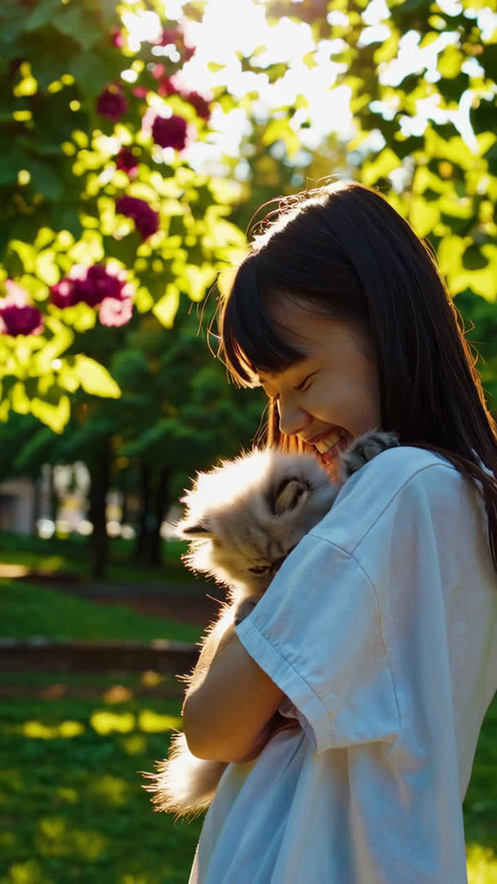 Happy Girl and Her Fluffy Cat in a Sunny Park