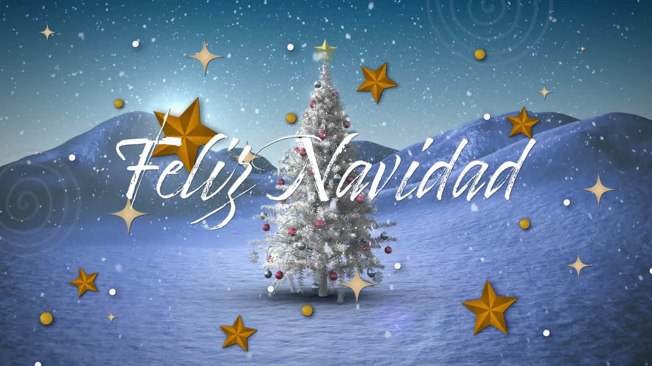 Animation of feliz navidad text over snow falling and christmas tree