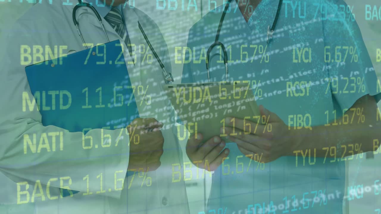 animación del procesamiento de datos financieros sobre diversos médicos