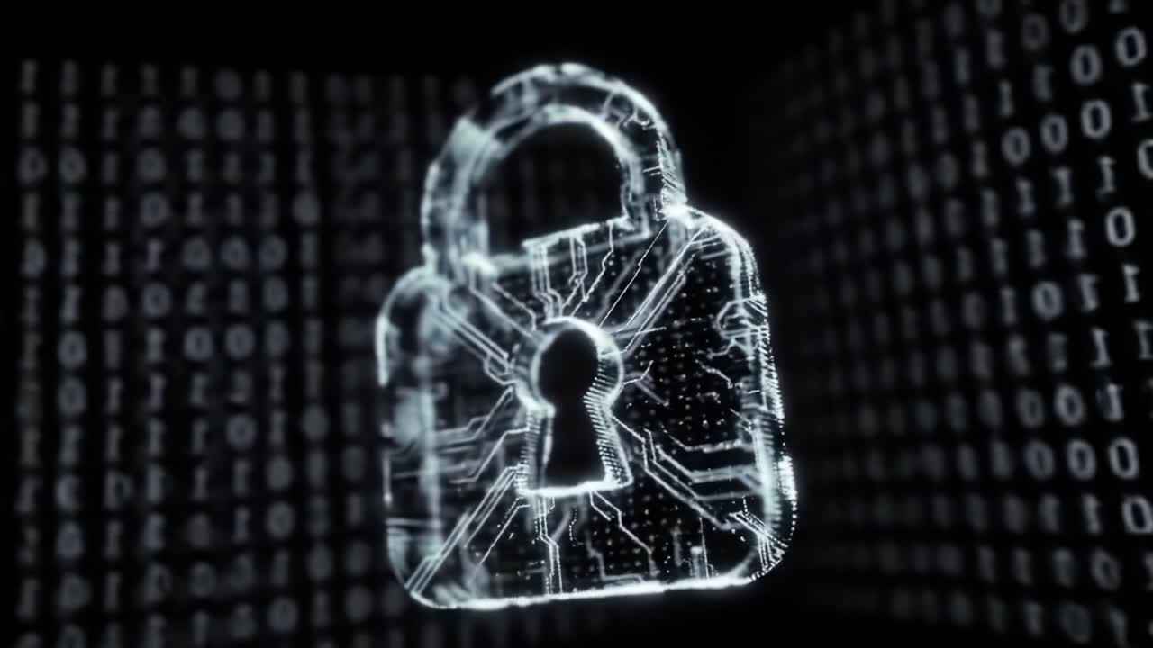 Digital Security: A Visual Representation of Cyber Protection Featuring a Circuitry-Laden Lock Overlaid on a Matrix of Binary Code