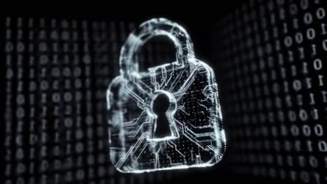 digital security: a visual representation of cyber protection featuring a circuitry-laden lock overlaid on a matrix of binary code