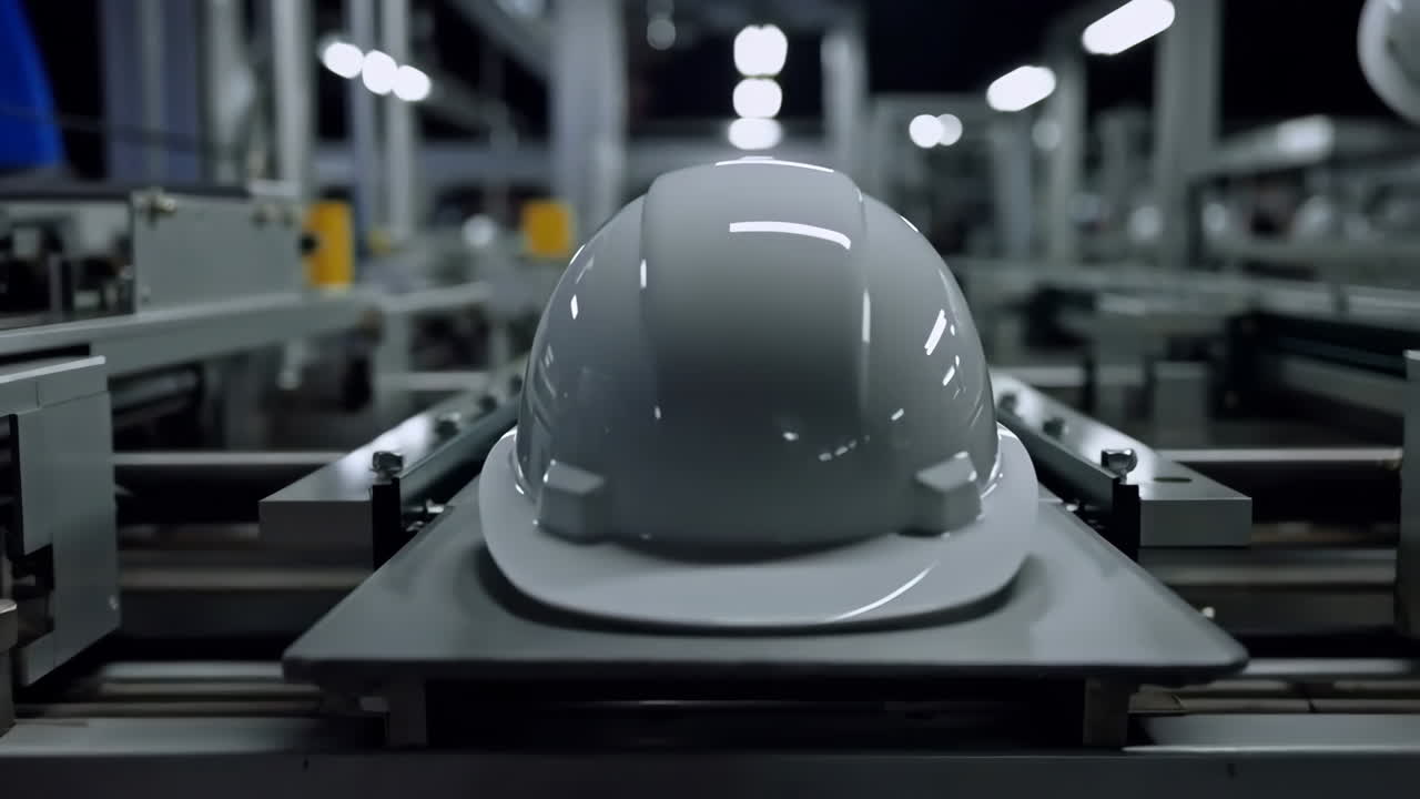 White Hard Hat on a Production Line in a Factory