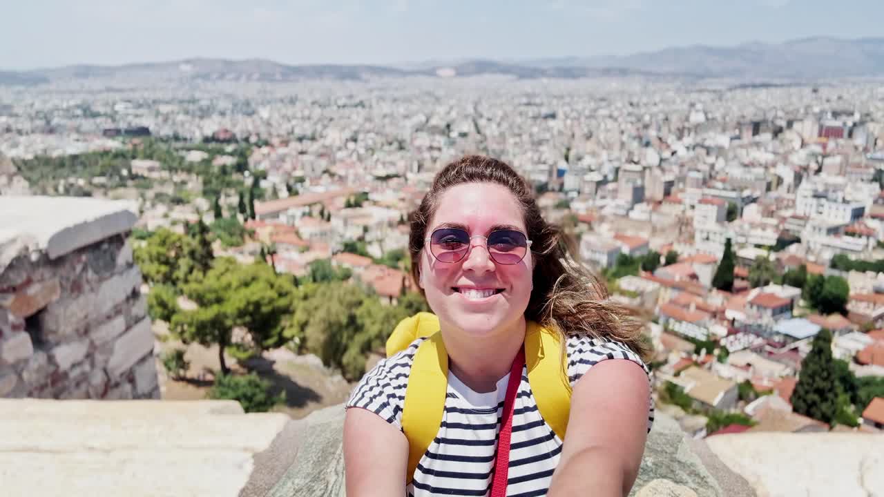 Smiling Tourist's Selfie Overlooking Athens, Greece