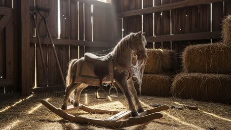 a nostalgic journey through time: a weathered rocking horse captured in sunlight inside a rustic barn surrounded by bales of hay