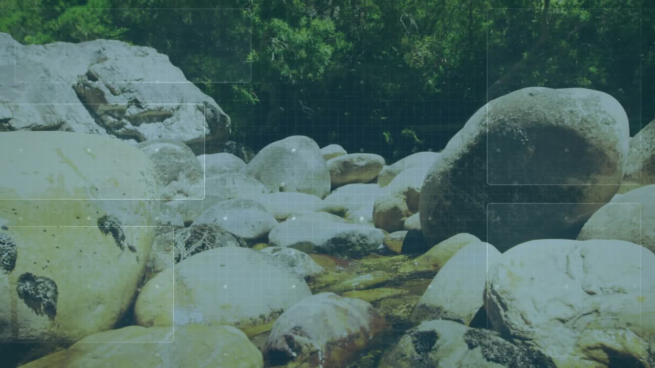 Transparent HUD pulsing over boulders, rotating rings analyzing surfaces for terrain mapping