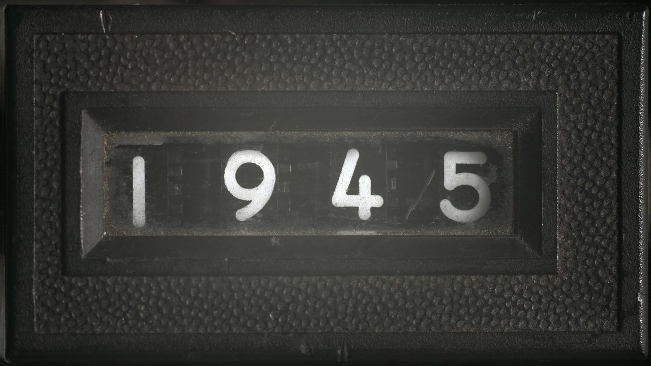 Vintage mechanical counter scrolls from 1941 to 1945, retro numeric display symbolizing wartime years, countdown, and the passage of history.