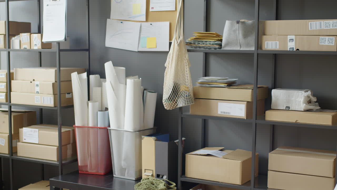 Warehouse storage shelves with inventory boxes