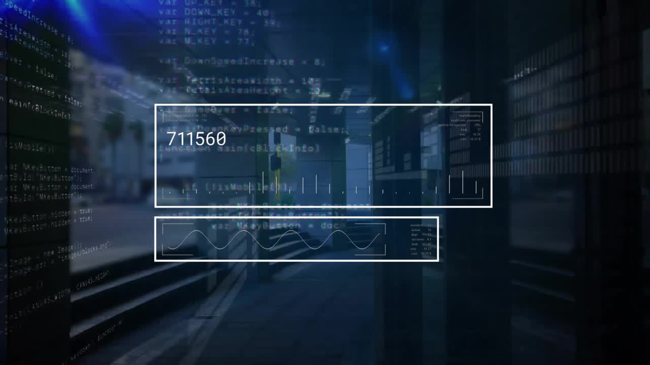 Animation of data processing over dark background