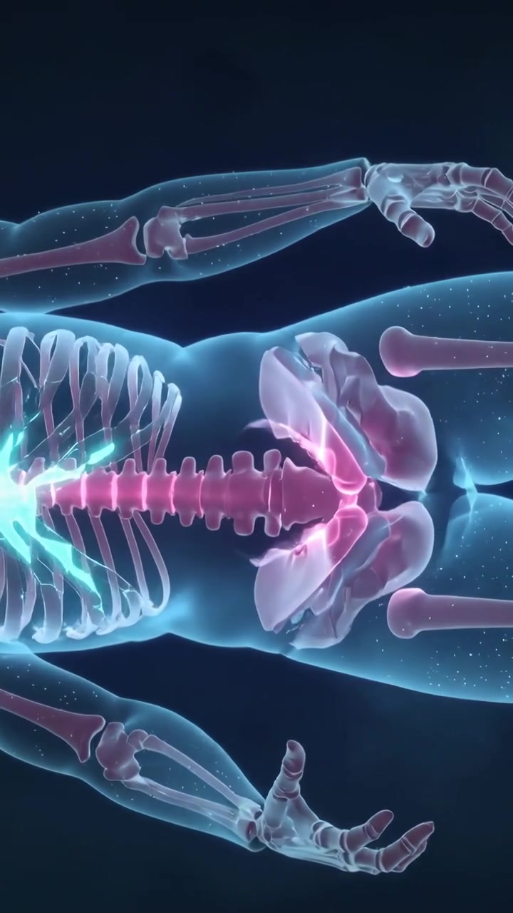 Vertical video: Starting playback, camera moving upward over clear skeleton in lab, lighting spine