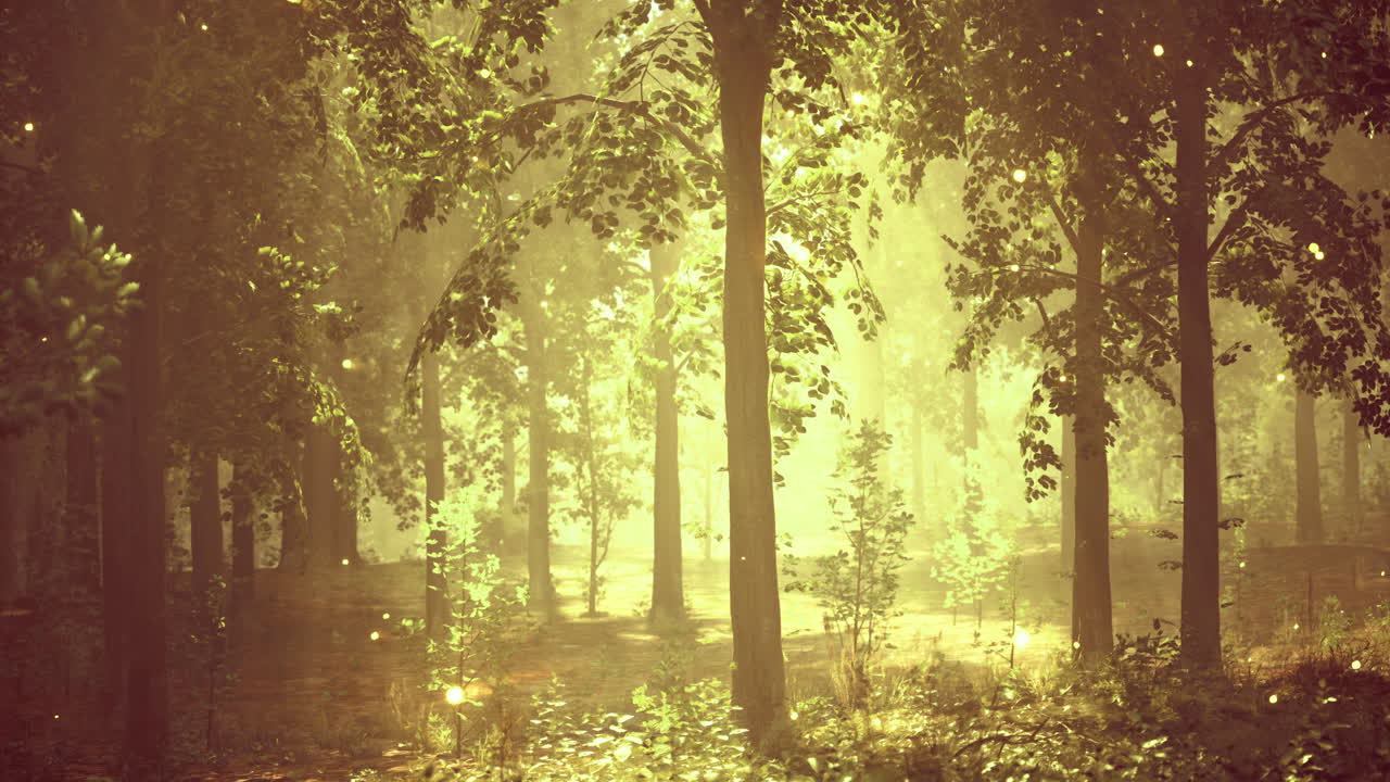 Enchanted forest illuminated by golden light in the early morning