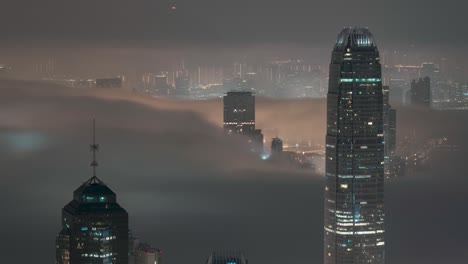 Timelapse-Drone-shot-of-the-Hong-Kong-International-Finance-Centre-IFC-with-clouds-passing-by-the-buildings-at-sunset