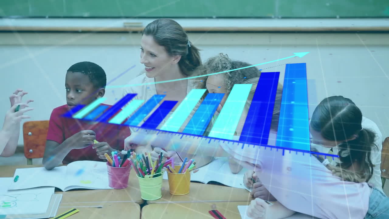 animación del procesamiento de estadísticas sobre diversos escolares y maestras en el aula