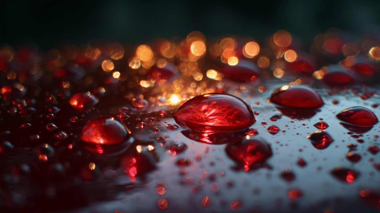 A mesmerizing close-up of shimmering red water droplets glistening on a surface, capturing the interplay of light and reflections in a captivating display