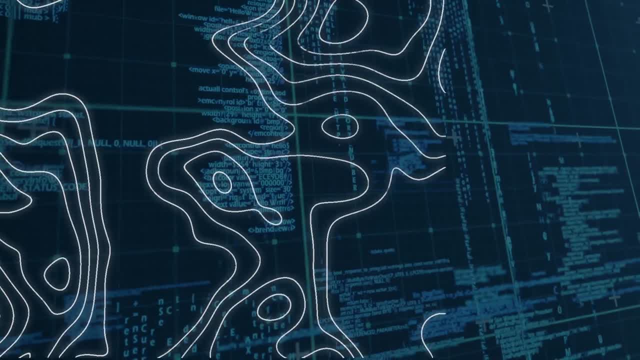 Digital animation of topography over grid network against data processing on blue background