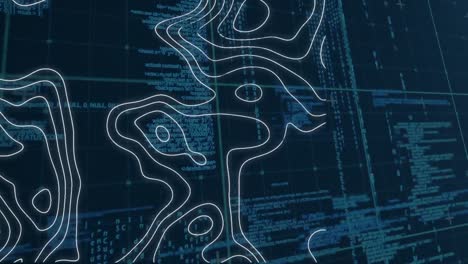 animación digital de la topografía a través de la red de cuadrícula contra el procesamiento de datos en fondo azul