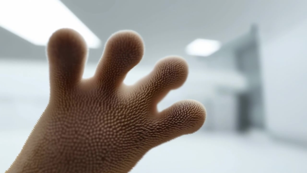 A close-up shot of hands reaching out curiously in an indoor setting, possibly a laboratory or office environment. The perspective is slightly above the hands, capturing the interaction off.