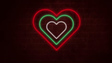 Animation-of-green-white-and-red-concentric-neon-hearts-flashing-on-dark-brick-wall