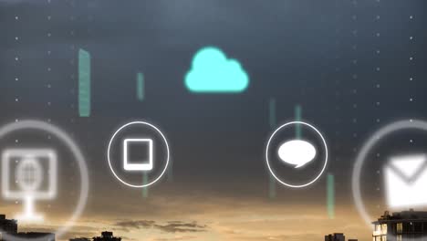 animación de la nube, conexiones y procesamiento de datos sobre la ciudad.