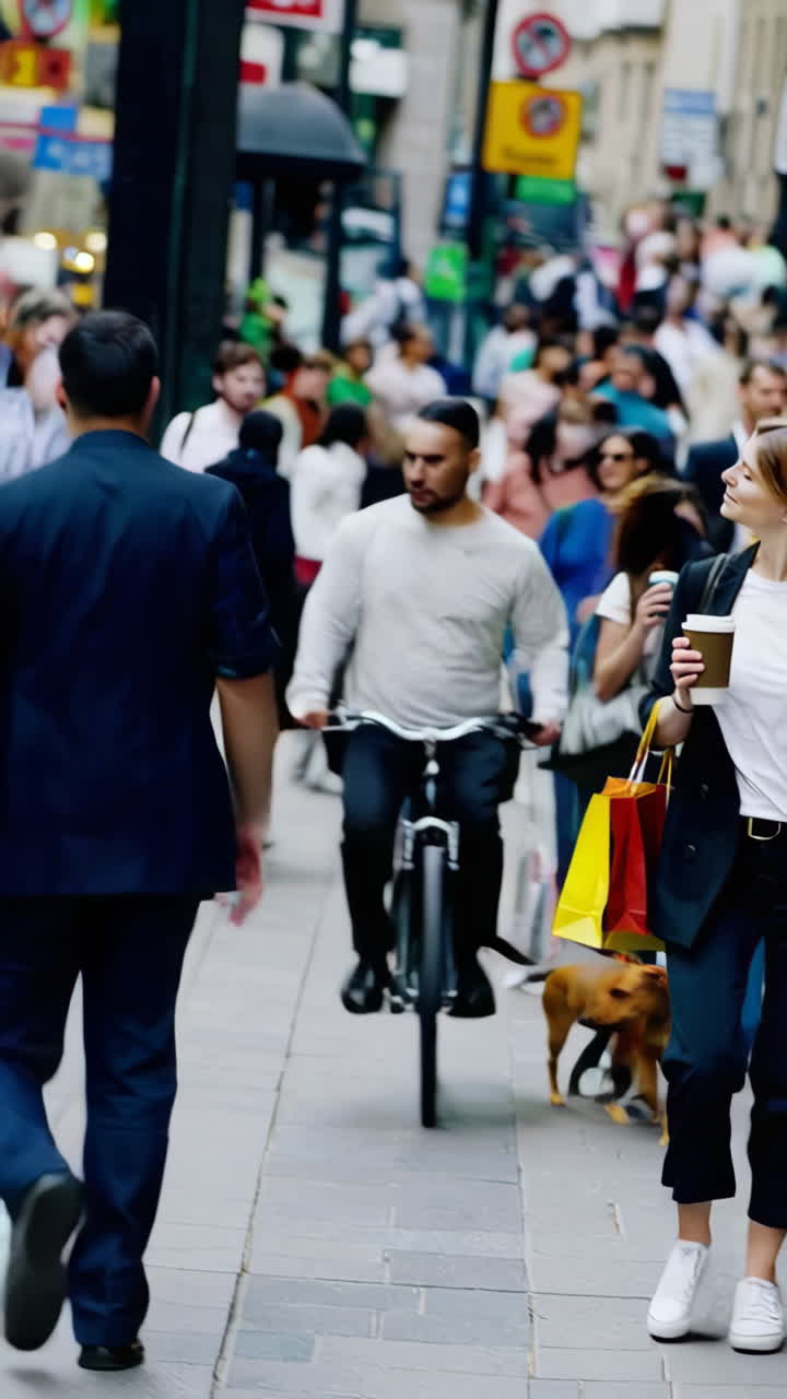 Woman walking with shopping bags and coffee on a busy city street