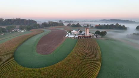 american farm with fog during sunrise