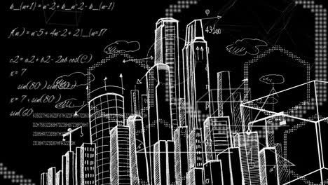 ecuaciones matemáticas y fórmulas flotando contra el bosquejo del paisaje urbano sobre un fondo negro