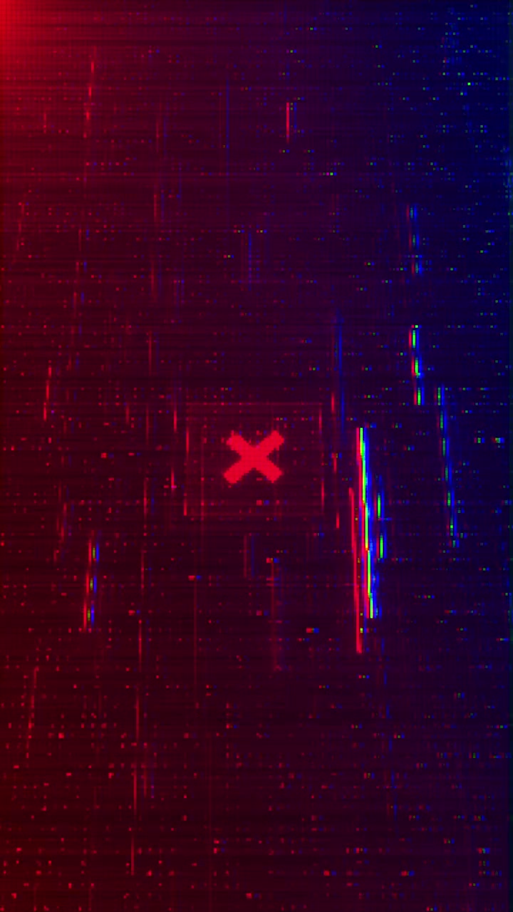 Red blue digital error background with glowing cross mark glitch grid texture falling scan lines and