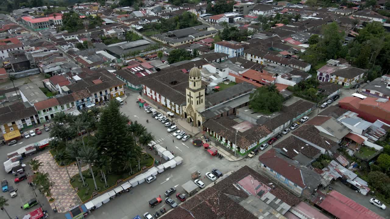 Scenic view of the "our lady of Carmen" Cathedral inside small town in the Colombian Coffee Region. (Salento)