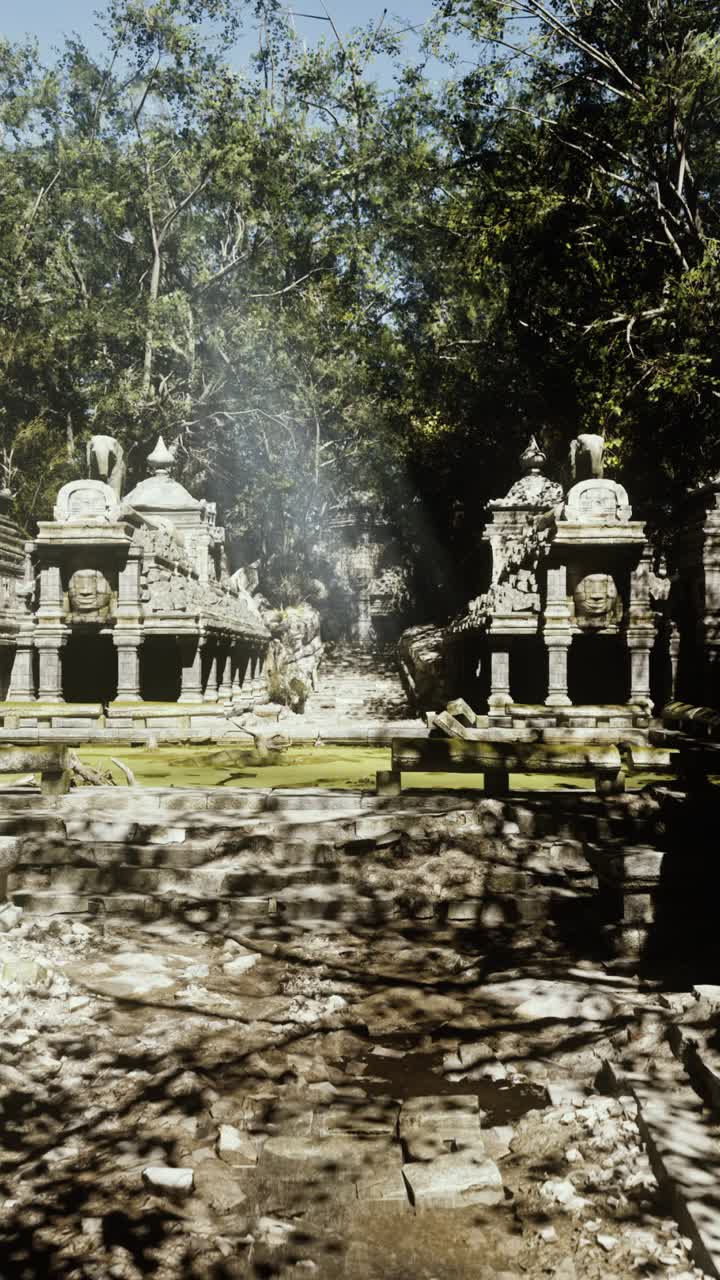 Santuario mistico immerso in raggi di sole con polvere e fumo turbinanti