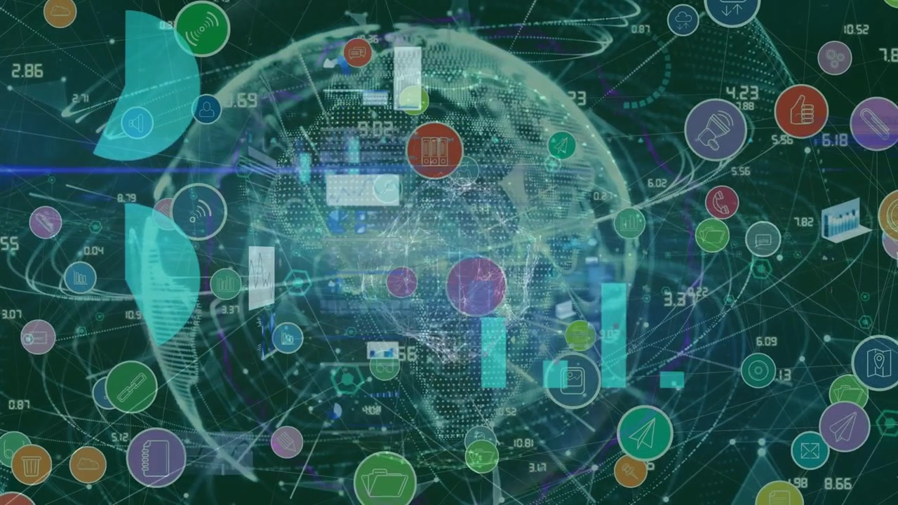 Animation of financial data , colorful icon connecting dots, graphs, globe on graphic interface